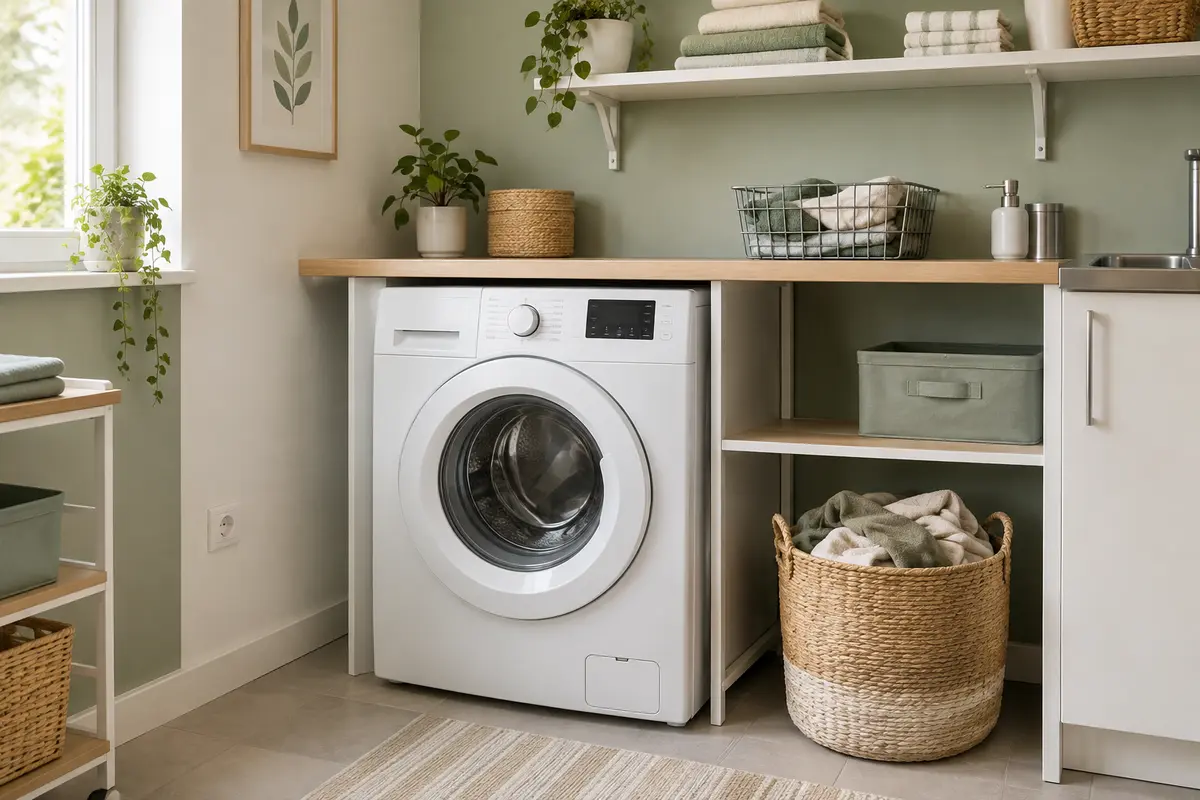 Lave-linge séchant installé dans un espace compact d’appartement, avec panier de linge à proximité
