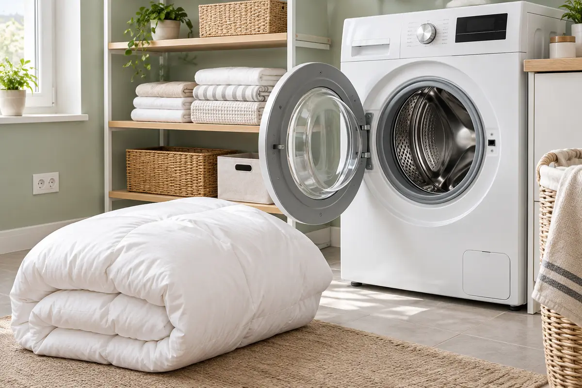 Couette blanche pliée devant un lave-linge à hublot ouvert pour vérifier l’espace disponible.