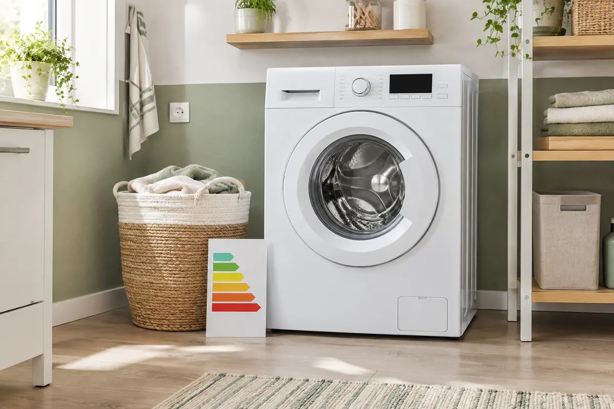 Lave-linge dans une buanderie claire avec une étiquette énergie générique posée à côté