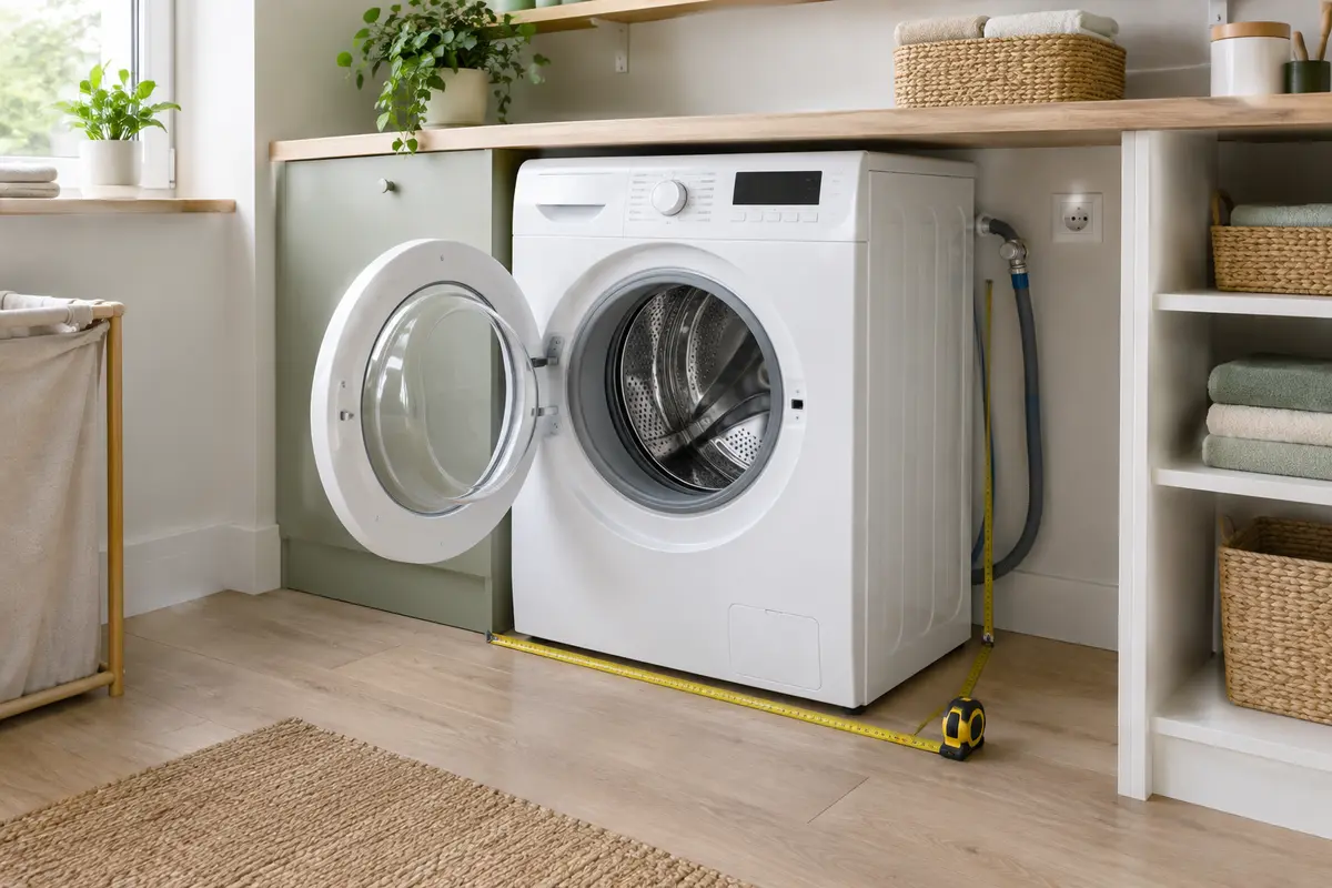 Lave-linge dans une niche mesurée, avec tuyaux visibles et espace prévu pour ouvrir le hublot
