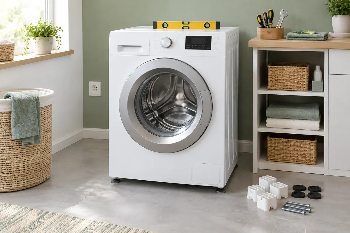 Lave-linge neuf contrôlé au niveau à bulle, avec ses pieds réglables posés sur un sol plat
