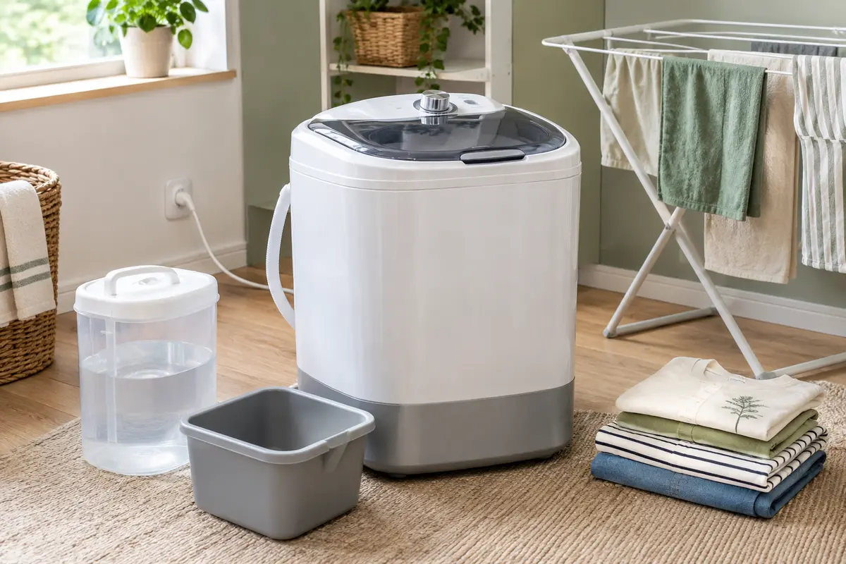 Mini lave-linge portable dans un espace de camping avec récipient d’eau et linge léger à laver