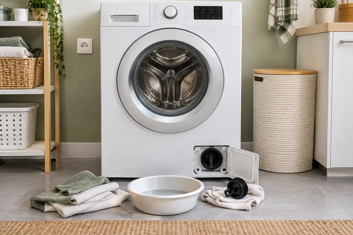 Filtre de vidange retiré devant la trappe basse d’un lave-linge, avec un récipient et des serviettes.
