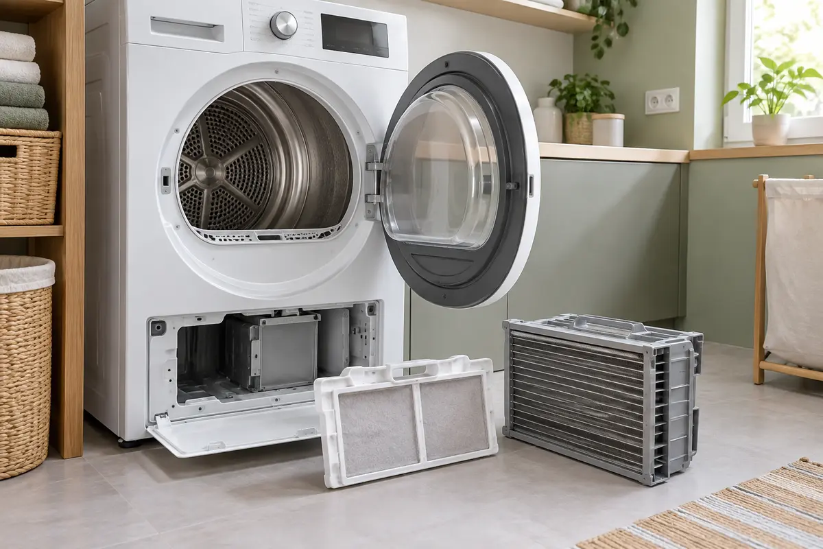 Filtre à peluches et condenseur propres posés devant la trappe ouverte d’un sèche-linge à condensation.