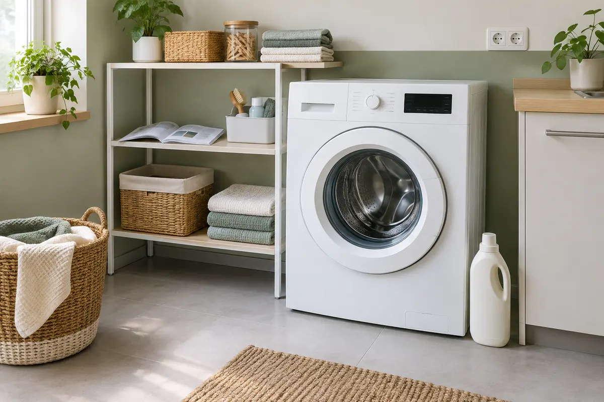 Lave-linge et produit d’entretien posés dans une buanderie, évoquant le choix d’un détartrant adapté.