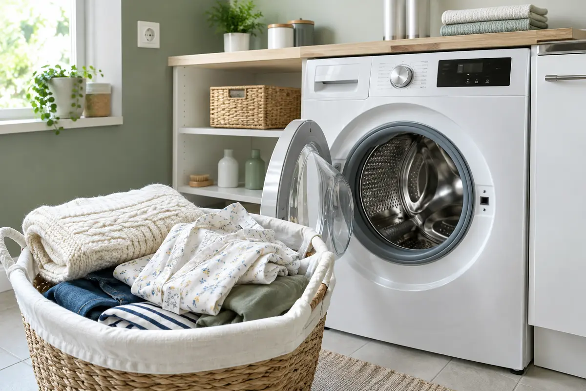 Linge en laine, vêtement délicat et coton triés devant un lave-linge ouvert