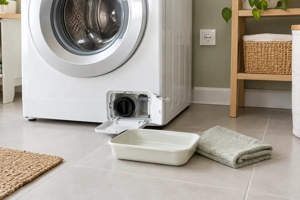 Lave-linge et récipient préparé devant la trappe du filtre de vidange pour une vérification prudente