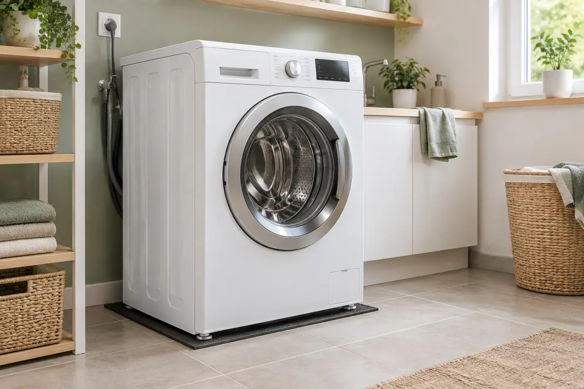 Lave-linge stable posé sur un tapis anti-vibrations, avec ses pieds en appui sur un sol carrelé.