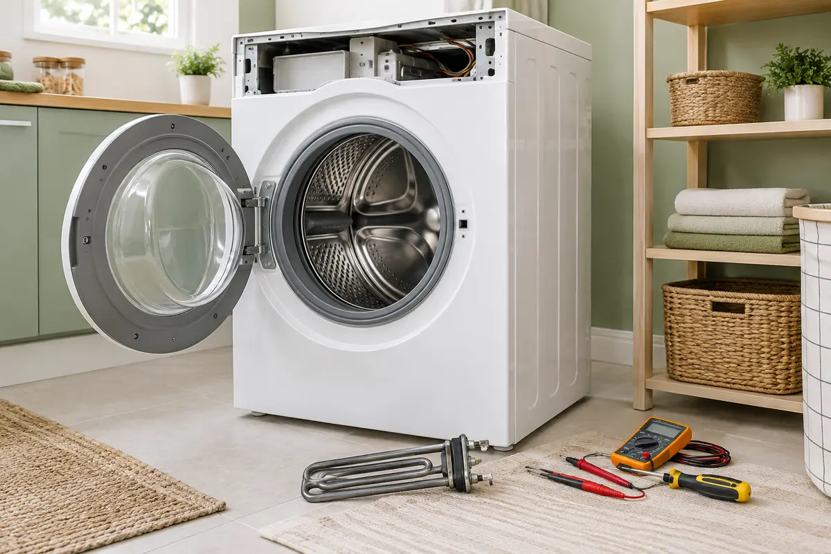 Résistance de lave-linge déposée près d’un appareil ouvert dans un espace de réparation propre