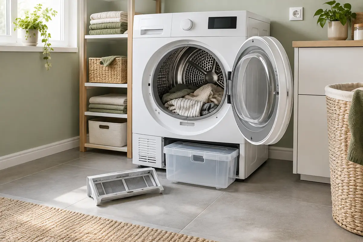 Sèche-linge à pompe à chaleur installé dans une buanderie avec filtre à peluches propre