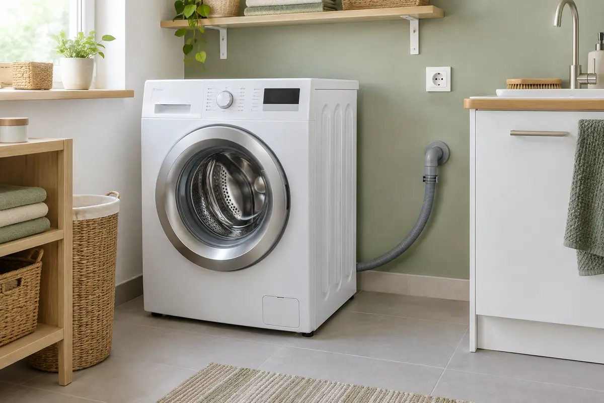 Tuyau d’évacuation raccordé derrière un lave-linge, sans pli apparent et au-dessus d’un sol sec