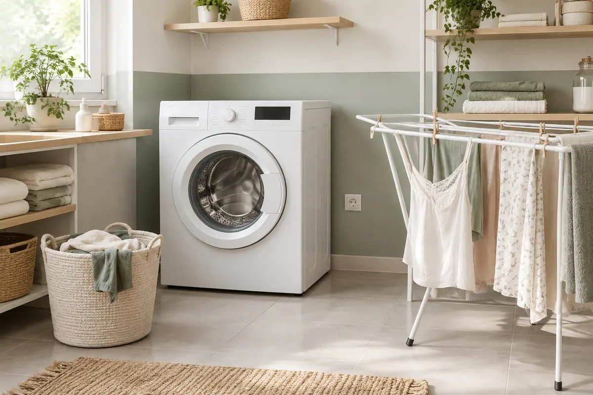 Lave-linge installé sur un sol stable, avec du linge en coton et des vêtements délicats à sécher
