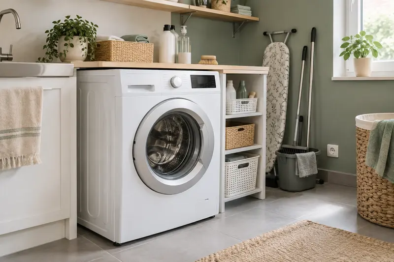 Lave-linge et accessoires d’entretien présentés dans un espace de buanderie organisé