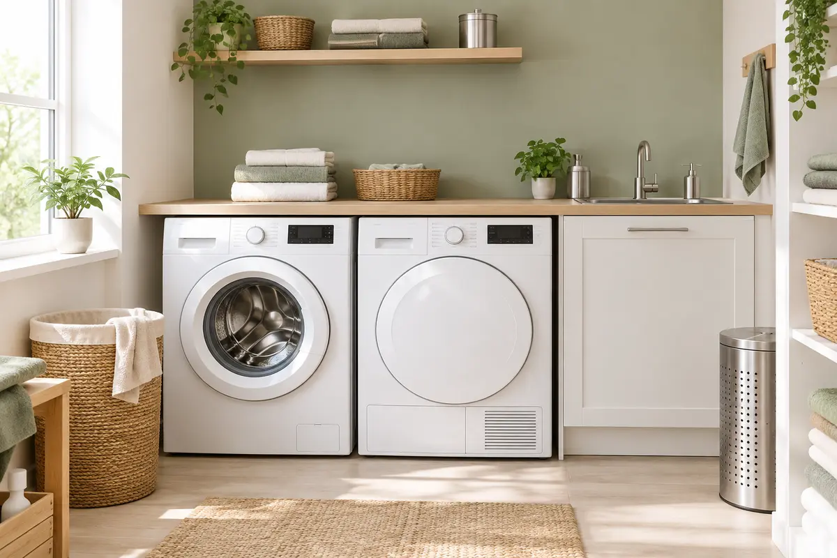 Lave-linge et sèche-linge dans une buanderie claire aux tons doux et aux détails en bois